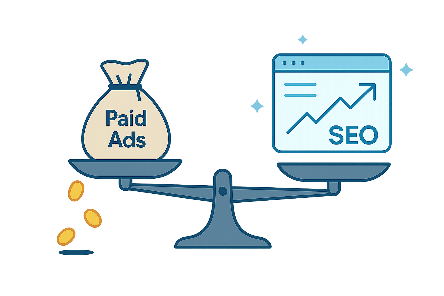 SEO outweighing paid advertising in cost-effectiveness on a balance scale.