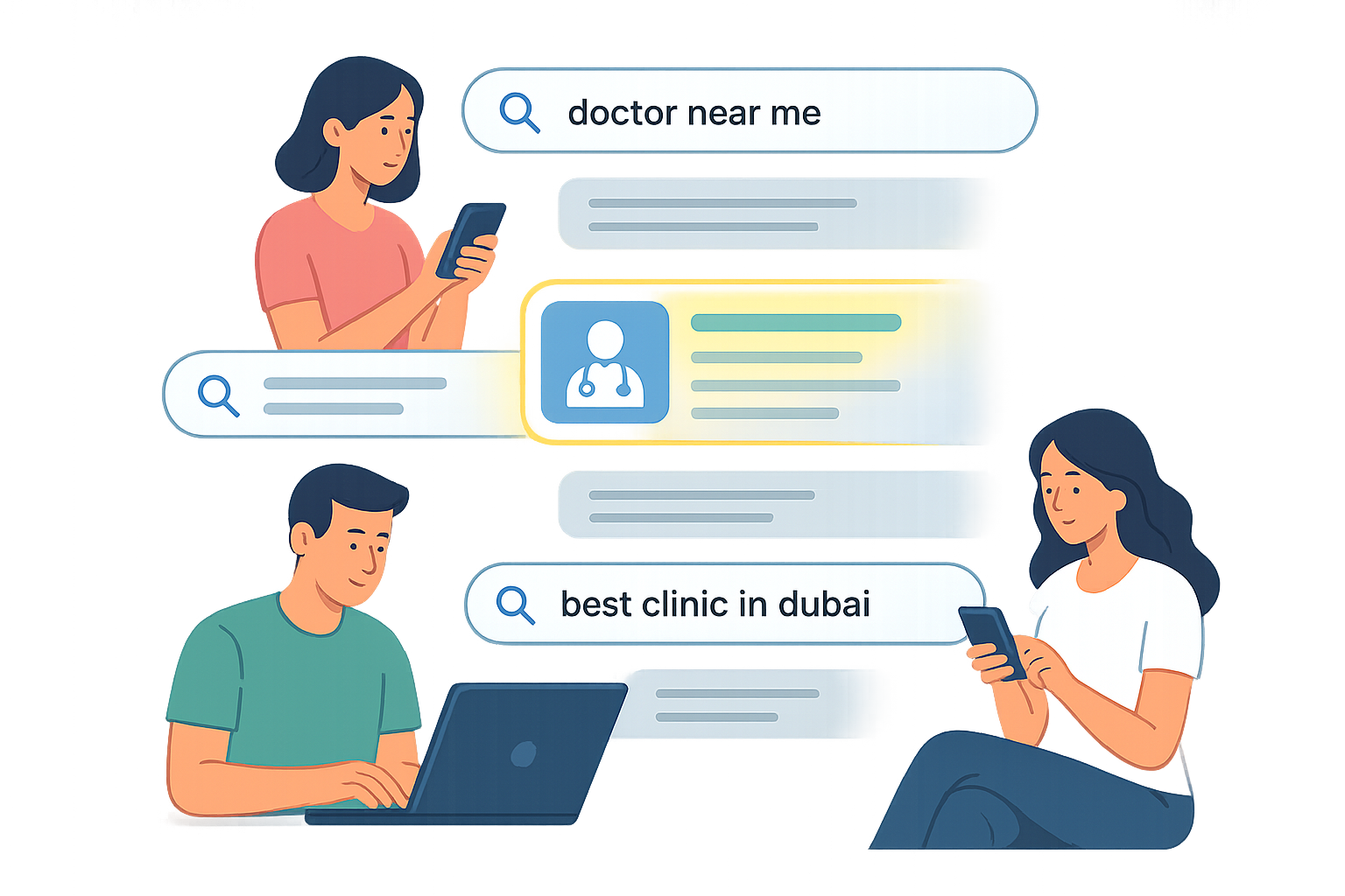 Search Engine Optimization (SEO) 8 Illustration of people searching online for doctors and clinics, with queries like 'doctor near me' and 'best clinic in Dubai