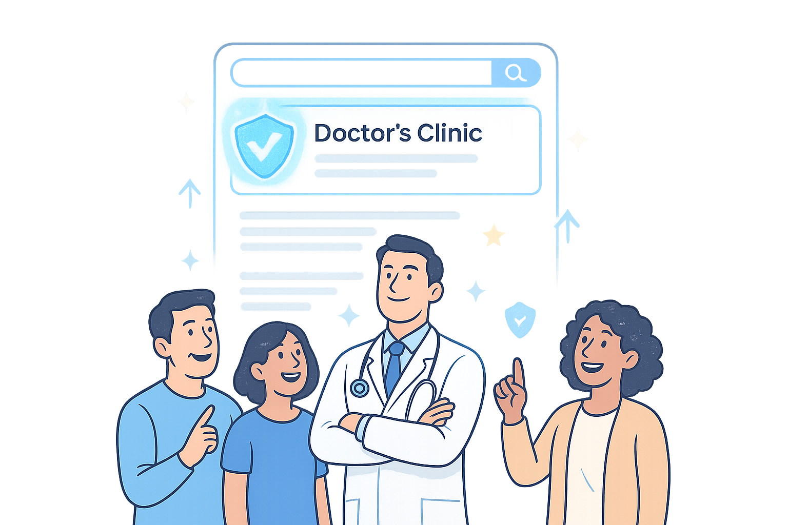 Search Engine Optimization (SEO) 9 Illustration of a doctor in a white coat with patients, discussing a Doctor's Clinic website with security symbols.
