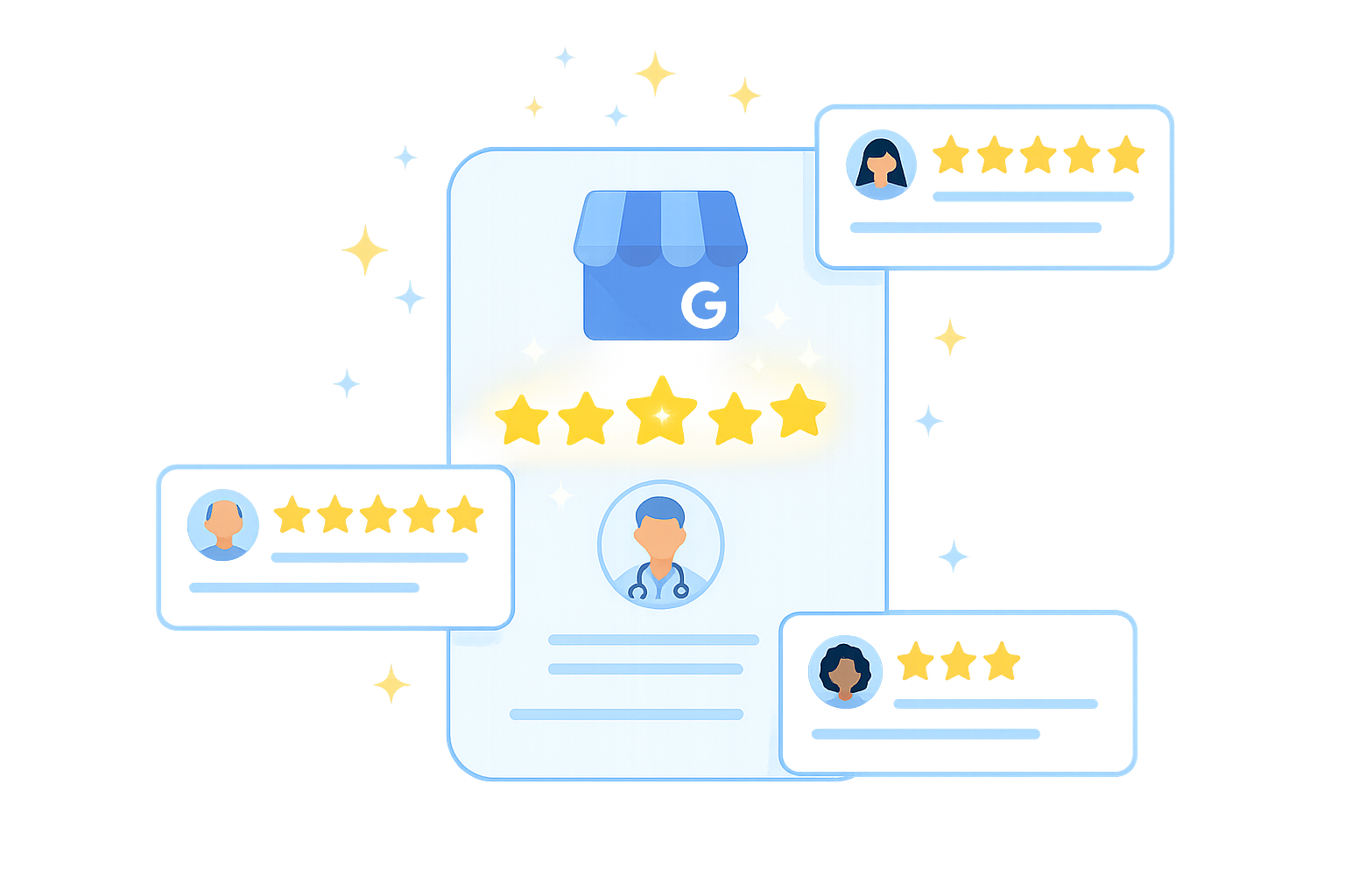 Search Engine Optimization (SEO) 13 Illustration of Google reviews with five-star ratings for a doctor's profile, with customer feedback bubbles around it.