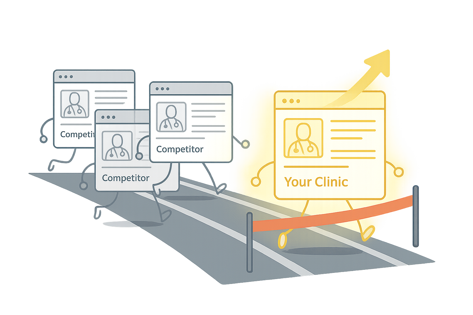 Search Engine Optimization (SEO) 14 An illustration of a website race, with competitor websites in gray and 'Your Clinic' in yellow crossing the finish line, symbolizing staying ahead of competitors through SEO in a competitive healthcare market like Dubai.