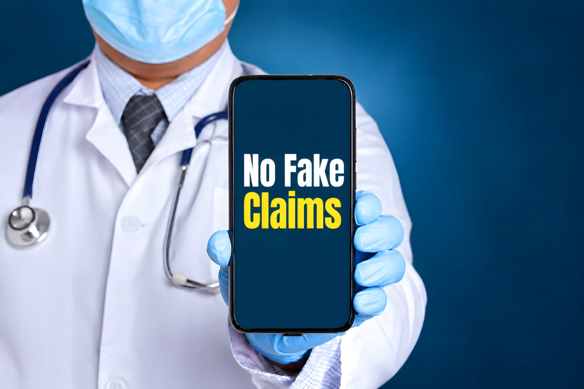 Doctor holding a phone displaying no fake claims in medical advertising